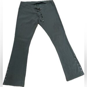 Women’s low rise sage green lace-up Y2K flares, split hems ankle slits. Size M